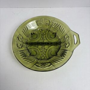Vintage Indiana  GLASS KILLARNEY Olive Green DIVIDED RELISH CANDY DISH W/ HANDLE